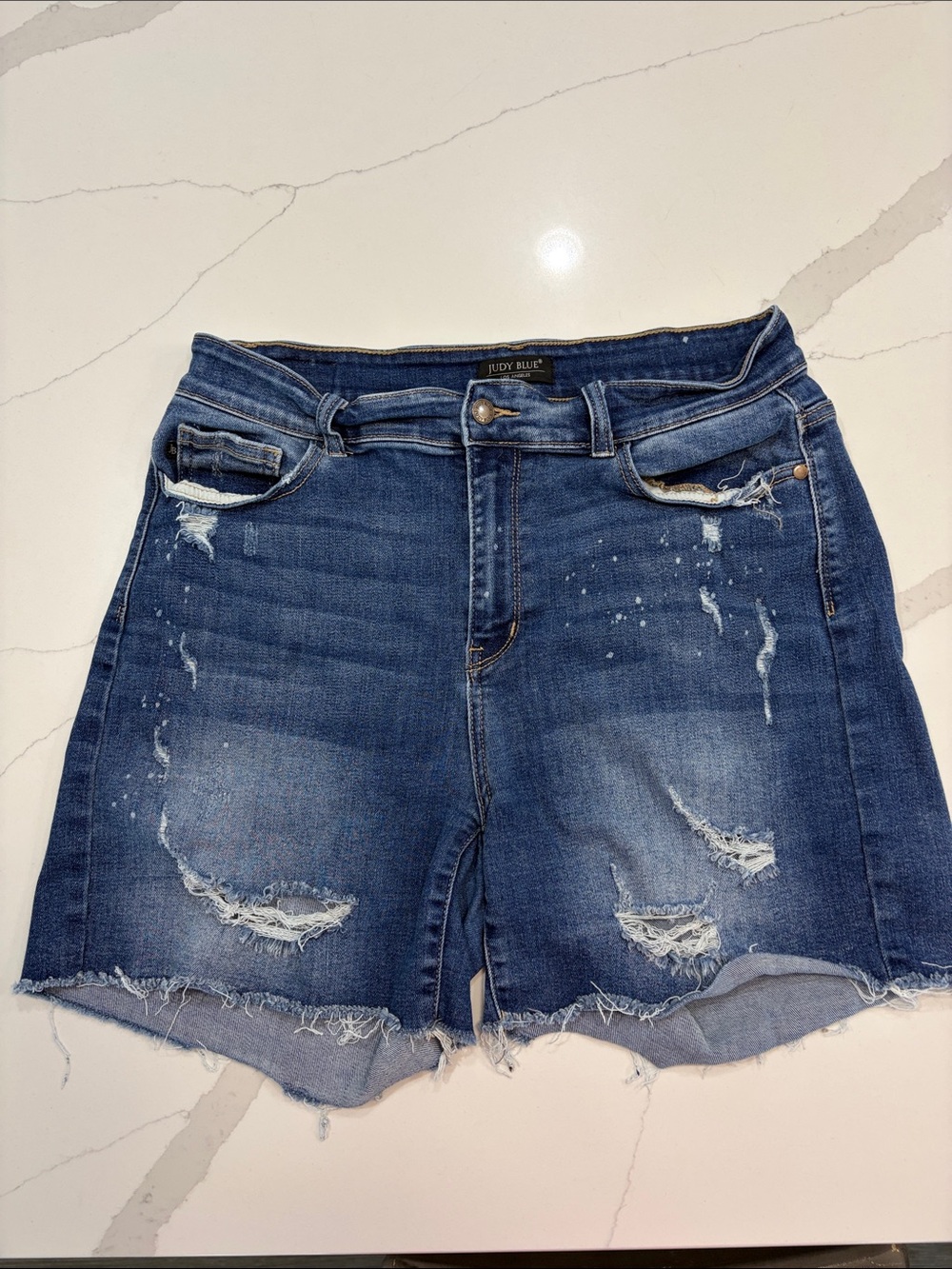 Judy Blue Distressed Mid-Rise Denim Shorts - Dark Blue